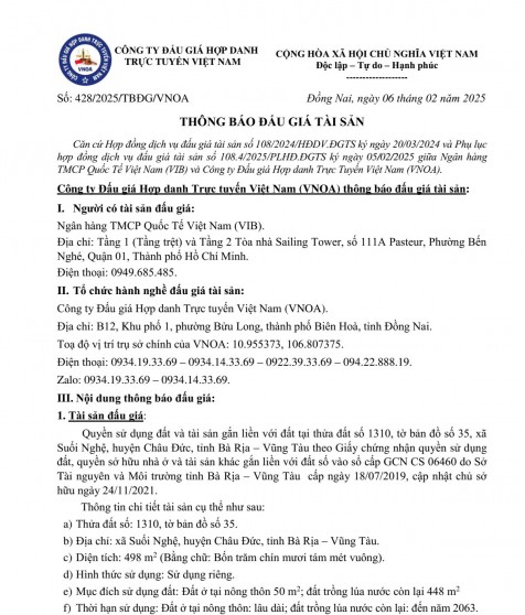 Thông báo đấu giá tài sản số 428/2025/TBĐG/VNOA, ngày 06/02/2025 của Công ty Đấu giá Hợp danh Trực tuyến Việt Nam (VNOA)