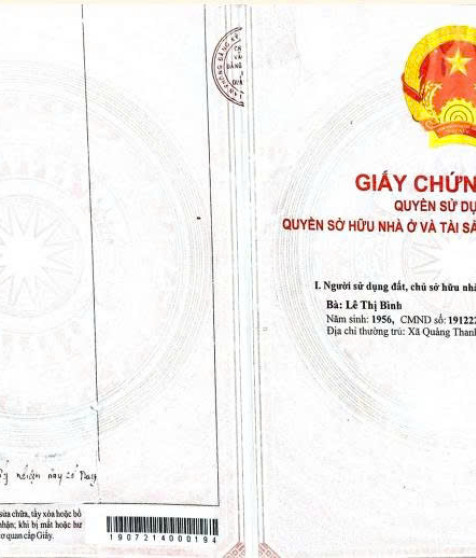 Quyền sử dụng đất và tài sản gắn liền với đất của bên thế chấp tại thửa đất số 916, tờ bản đồ số 08, địa chỉ: thôn Tân An, xã Quảng Thanh, huyện Quảng Trạch, tỉnh Quảng Bình (nay là xã Tân Gianh, tỉnh Quảng Trị)