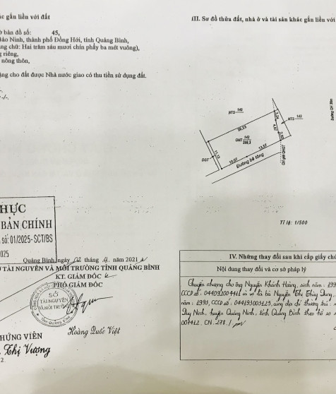 Toàn bộ Quyền sử dụng đất, tài sản gắn liền với đất tại thửa đất số 142, tờ bản đồ số 45, địa chỉ: thôn Sa Động, xã Bảo Ninh, thành phố Đồng Hới, tỉnh Quảng Bình (nay là phường Đồng Hới, tỉnh Quảng Trị)